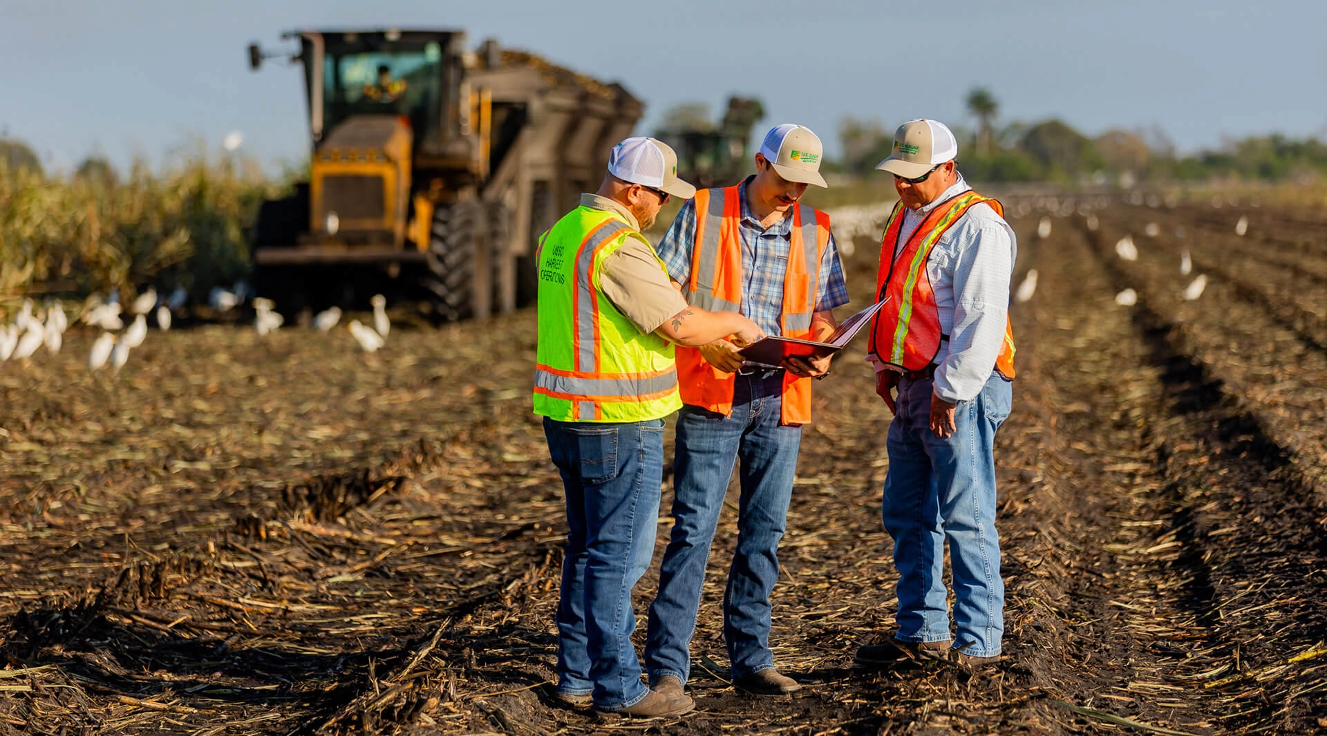 Men in safety vests on farm in front of tractor
