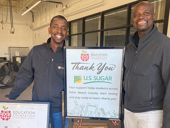 U.S. Sugar representatives partner with the Education Foundation to support classroom supply donations, highlighting business supporting schools in Palm Beach County.